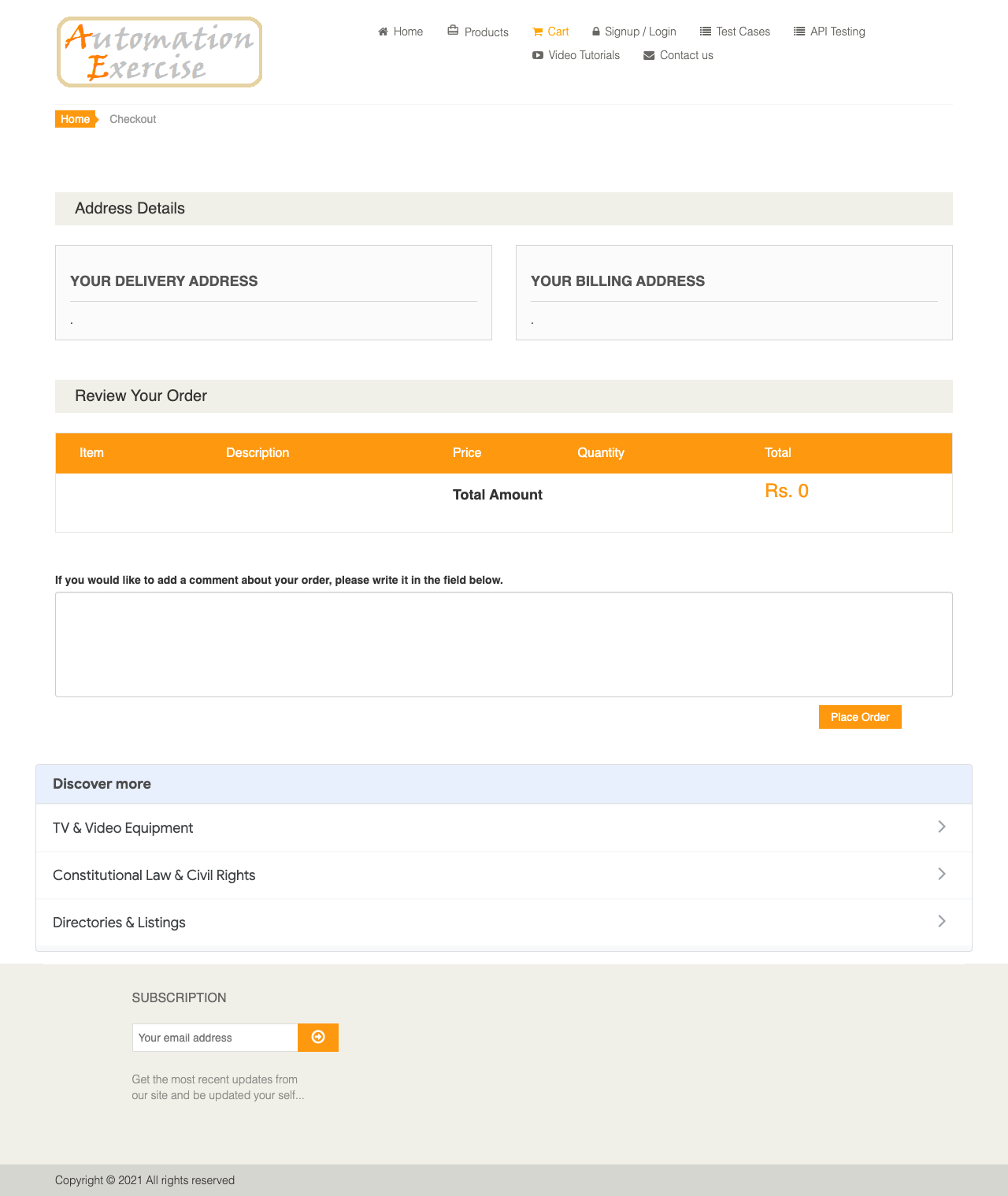 未登入直接輸入 /checkout 網址，頁面正常顯示 Address Details 與 Place Order