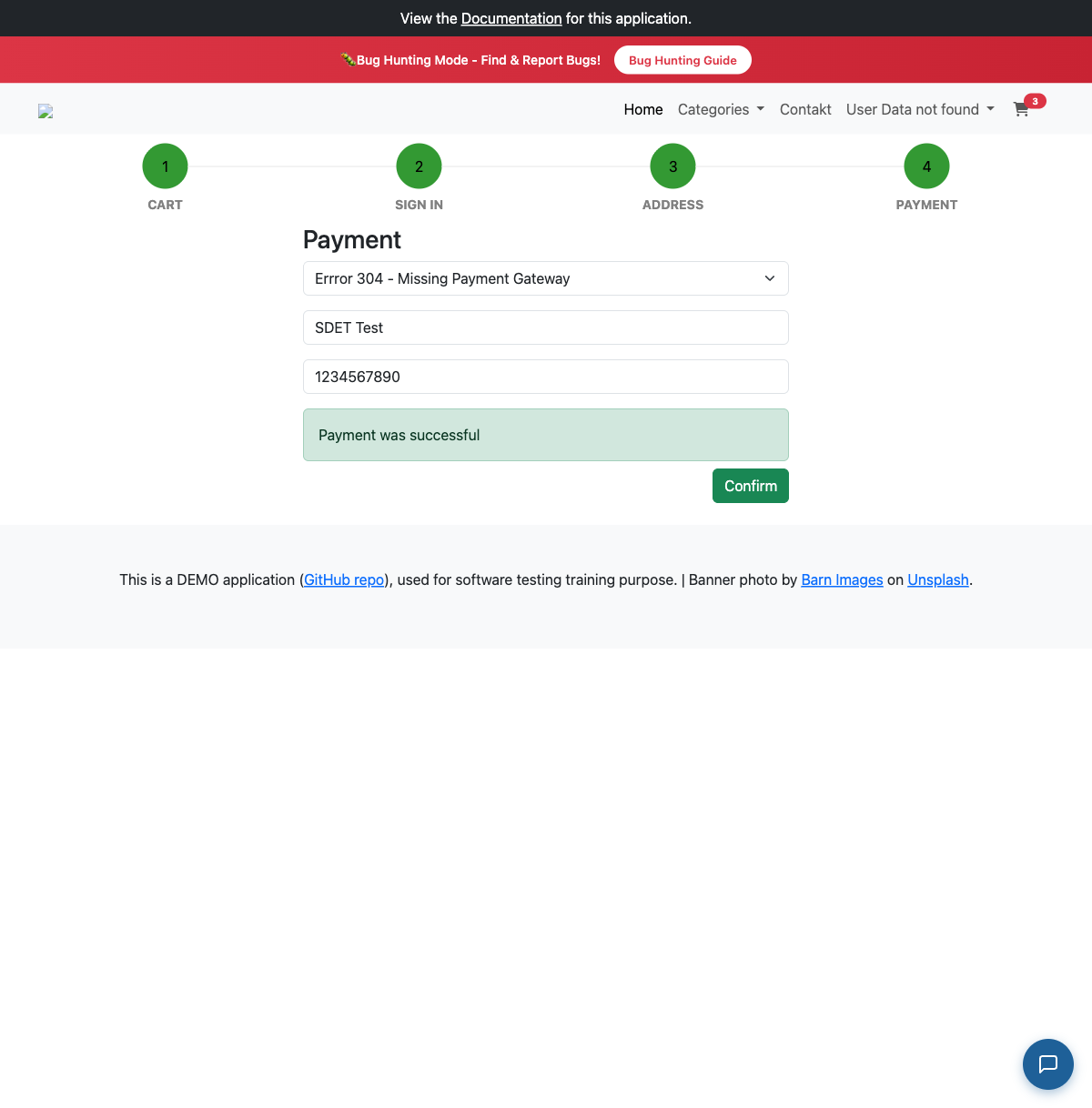 付款方式選了 Errror 304 - Missing Payment Gateway，畫面仍顯示 Payment was successful